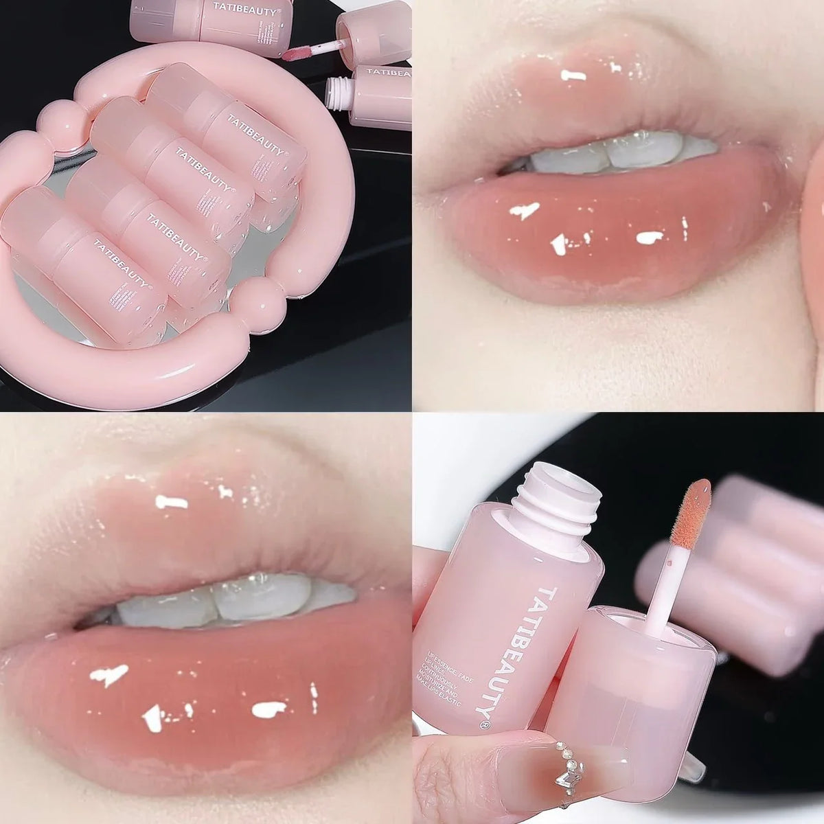 Blushimmer DIKALU mirror water lip gloss with crystal jelly texture, hydrating and plumping colored lip tint on lips.