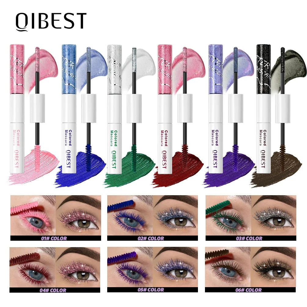 Blushimmer Qibest double-ended diamond glitter waterproof 4D fiber mascara with sparkling finish and volumizing brush.