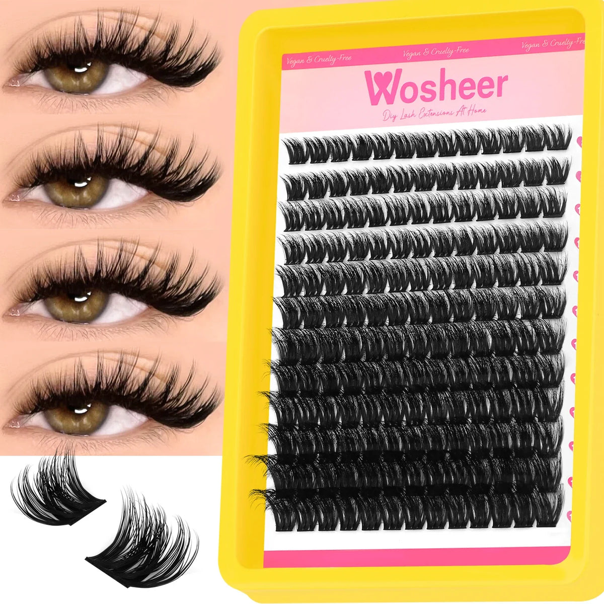 Blushimmer WOSHEER Lash Clusters Kit with spiky eyelash extension clusters and individual volume lashes for DIY lash styling