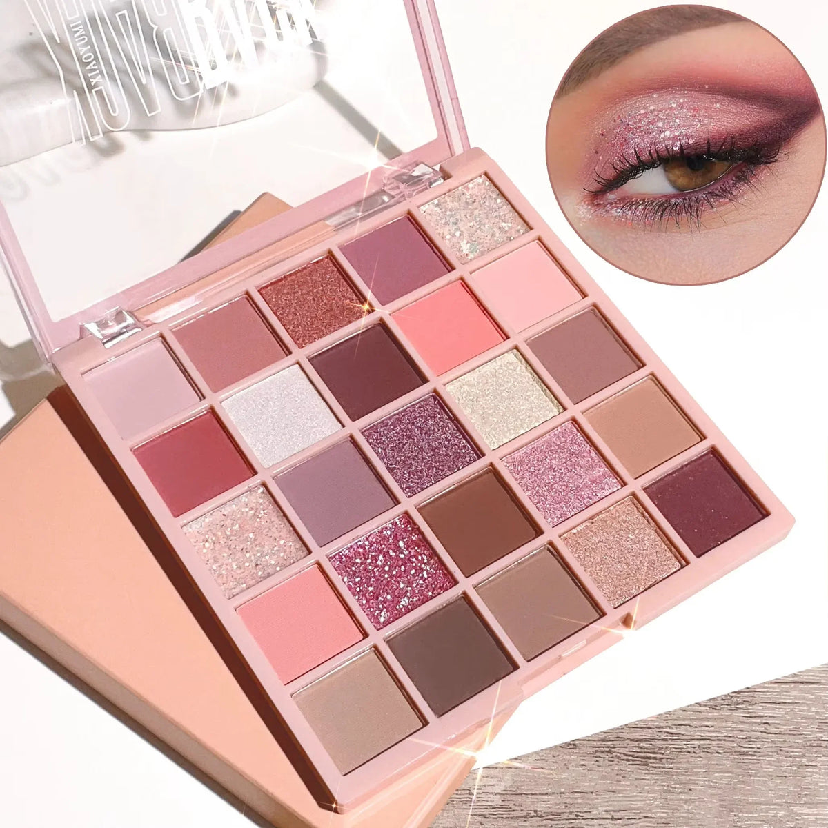 Blushimmer 25-color eye shadow tray featuring oatmeal milk tea shades, sparkling powder, pearl sequins, in gentle orange brown tones.