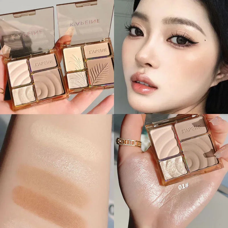 Blushimmer matte highlighters and bronzers palette with four shades for face contouring and long-lasting makeup.