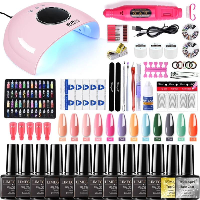Blushimmer Limegirl nail set with 54W UV nail lamp, gel polish in 18/12/7 colors, nail drill, and tools for professional manicures.