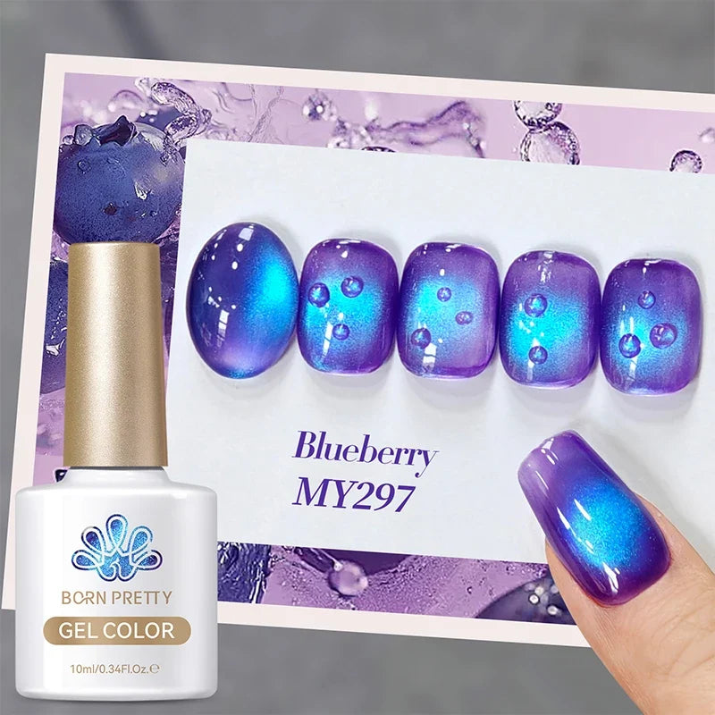 Blushimmer Born Pretty 10ml purple grape cat magnetic gel nail polish with fruit-inspired design and glass beads for nail art.