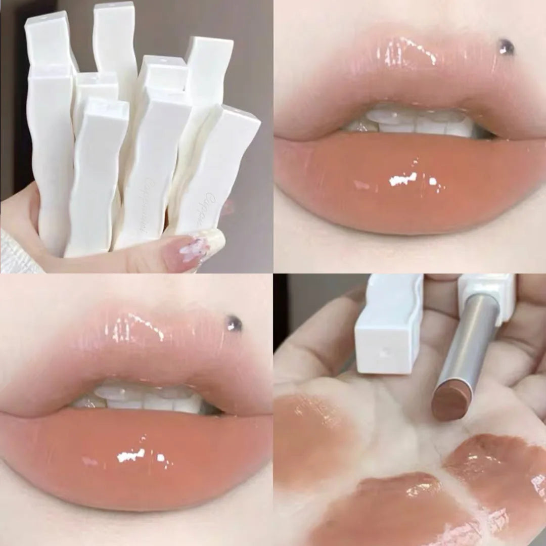 Blushimmer mirror lip gloss in a transparent tube, featuring six nude shades with floral design, long-lasting moisturizing liquid lipstick