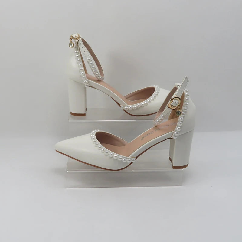 BaoYaFang Bridal wedding shoes Women Thin Heel Pointed Toe Pearl Female Ladies Party Shoe Ankle Strap Buckle Autumn Ladies Shoe