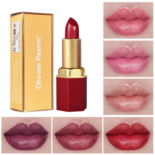 Blushimmer gold bar tube lipstick with matte pearlescent glitter finish in six colors, velvet texture, ideal for Valentine's Day gift
