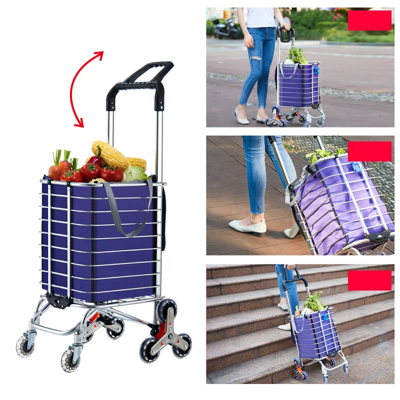 Grocery Cart Portable Aluminum Alloy Shopping Folding Trolley Big Capacity Lightweight Step Climbing Folded Trolley
