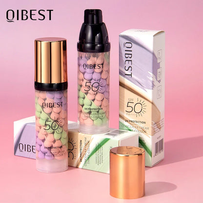 Blushimmer Qibest three-color press release cream concealer and brightening face primer with liquid formula for even skin tone.
