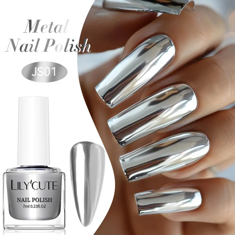 Blushimmer LILYCUTE 7ml metallic red-purple mirror nail polish bottle with reflective finish and nail supplies in a close-up image.