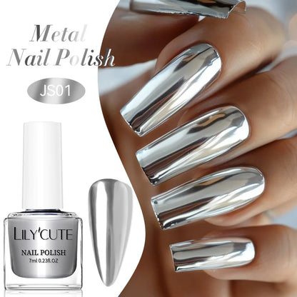 Blushimmer LILYCUTE 7ml metallic red-purple mirror nail polish bottle with reflective finish and nail supplies in a close-up image.