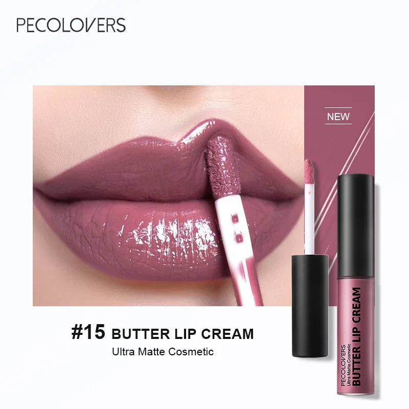 Blushimmer waterproof liquid lipstick in shade 21, with vitamin E, lip gloss, and plumper features in a sleek makeup set.