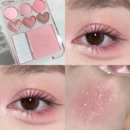 Blushimmer 8-color pink, orange eyeshadow palette with blush and highlighter, heart-shaped design for bright, lasting eye makeup.