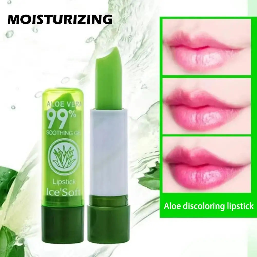 Blushimmer Aloe Vera moisturizing lipstick and lip balm with color-changing, nourishing formula, shown in various shades on lips.