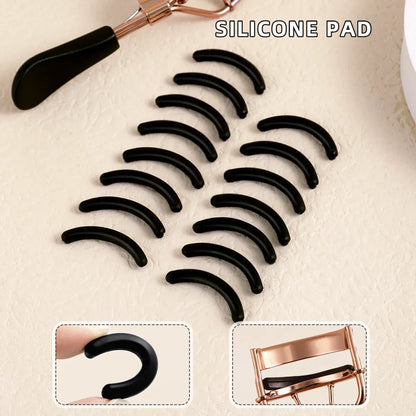 Blushimmer portable eyelash curler with stainless steel construction and 15 silicone pads, used for eyelash extension and curling.