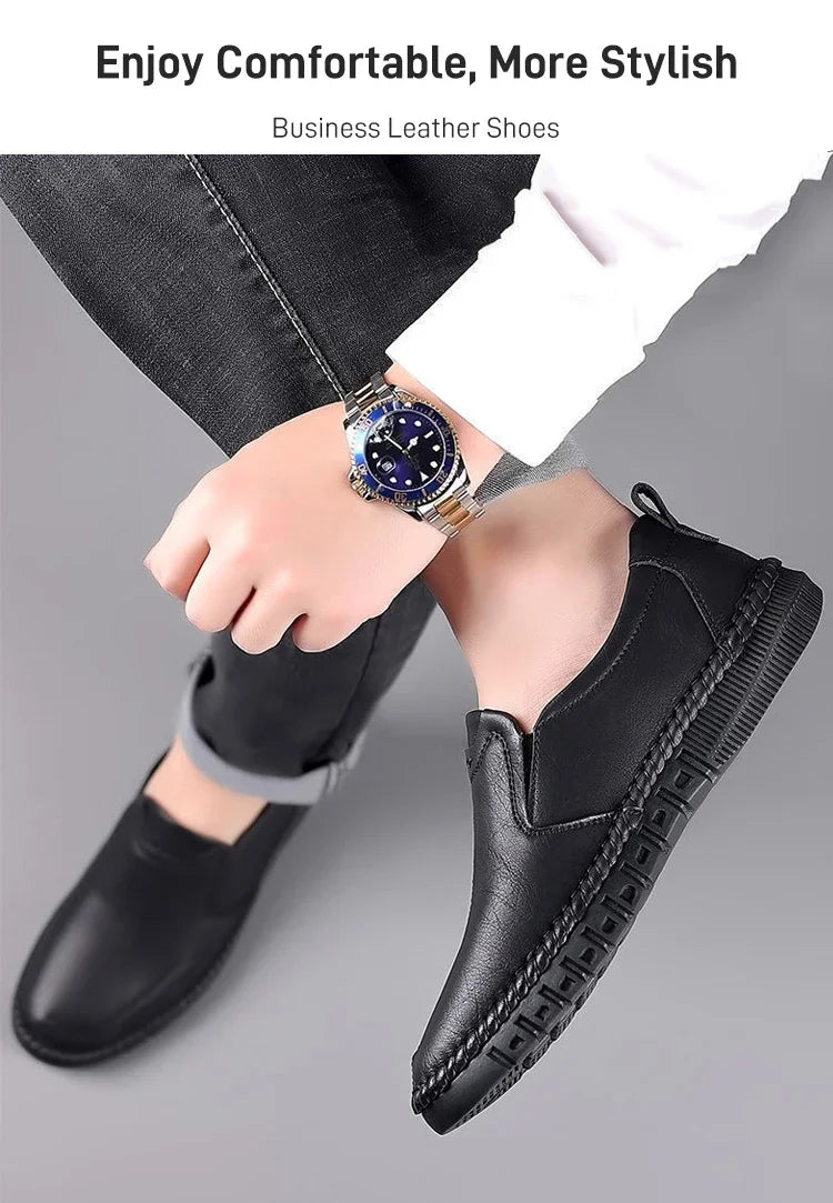 Men's Hand Stitched Genuine Leather Slip On Shoes Business Formal Occasion Wedding Party Footwear Leisure Official Board-Shoes