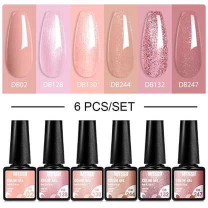 Blushimmer MTSSII 6-piece set of sparkly red gel nail polish bottles with shiny finish for UV and LED manicures