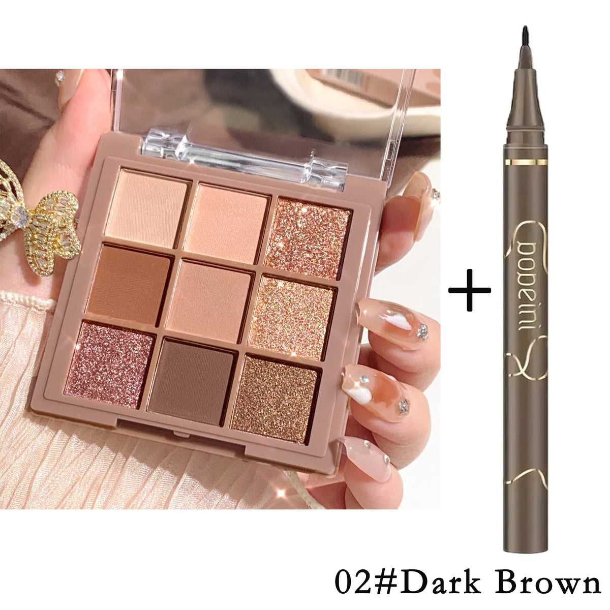 Blushimmer 9-18 color eyeshadow palette with velvet matte and shimmer shades in berry, brown, and nude tones, waterproof and luxurious.
