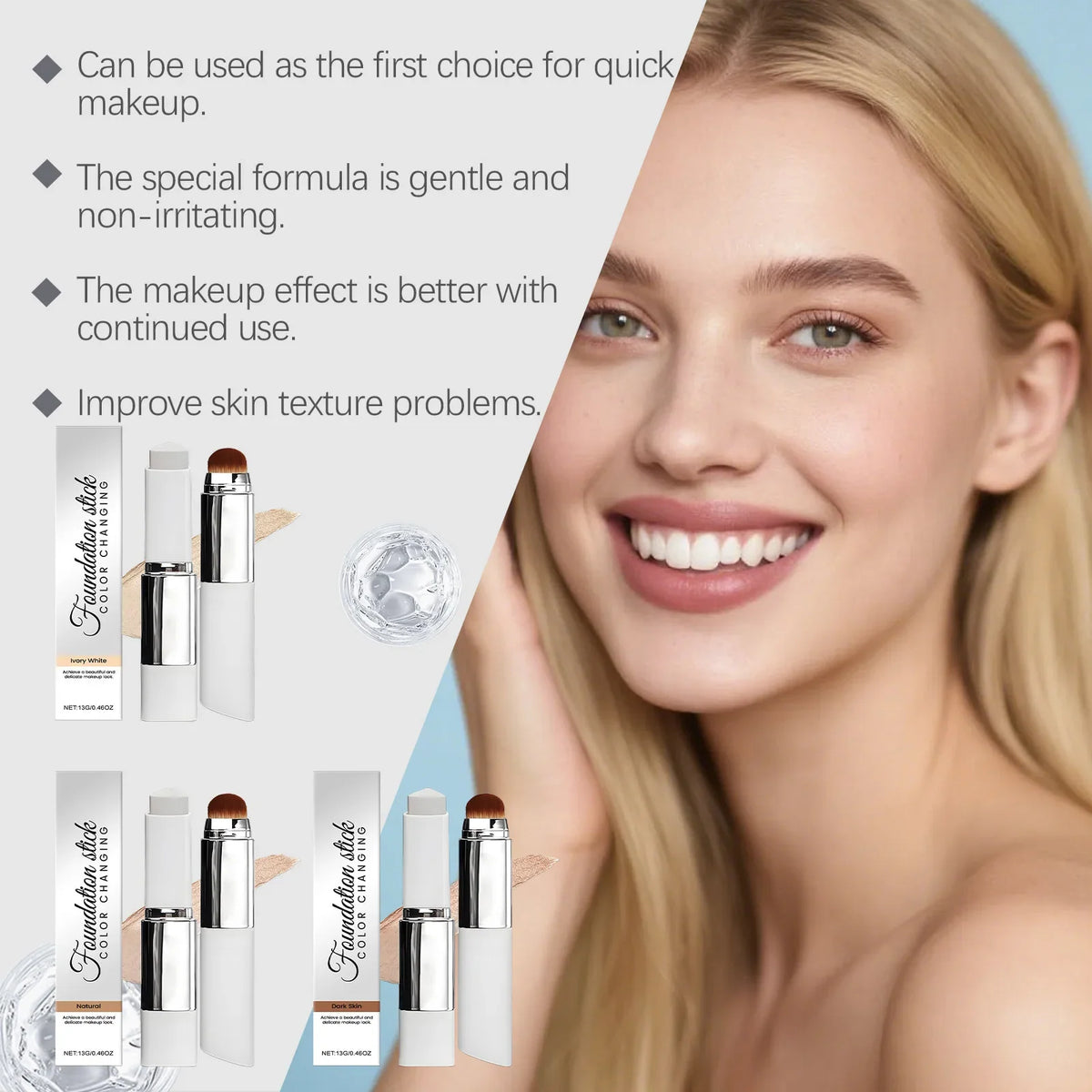 Blushimmer 2-in-1 color-changing foundation and concealer stick with lightweight, moisturizing, brightening natural base makeup.