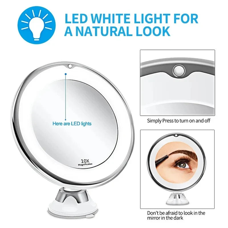 Blushimmer flexible 10x magnifying vanity mirror with touch screen LED lights, portable design, and suction cup for easy dressing and makeup.