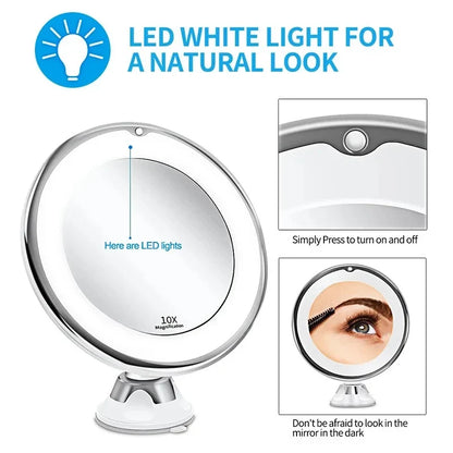 Blushimmer flexible 10x magnifying vanity mirror with touch screen LED lights, portable design, and suction cup for easy dressing and makeup.