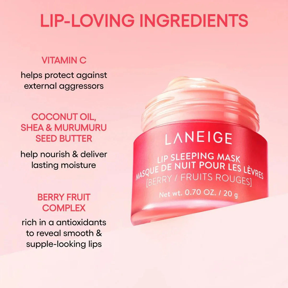 Blushimmer Laneige Lip Sleeping Mask 20g jar with gel-cream texture for long-lasting hydration and soft lips at night