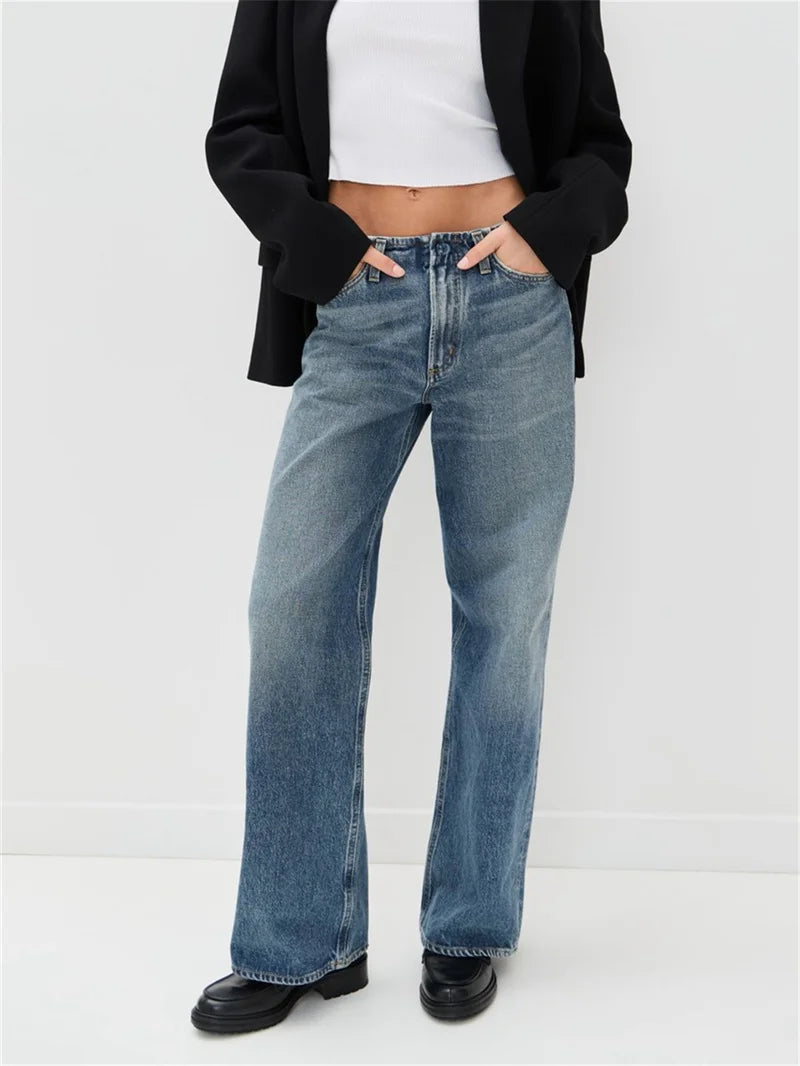 Women Denim Pants Waiveless Design Loose Lady Slightly Flared Straight Long Jeans 2025 Autumn
