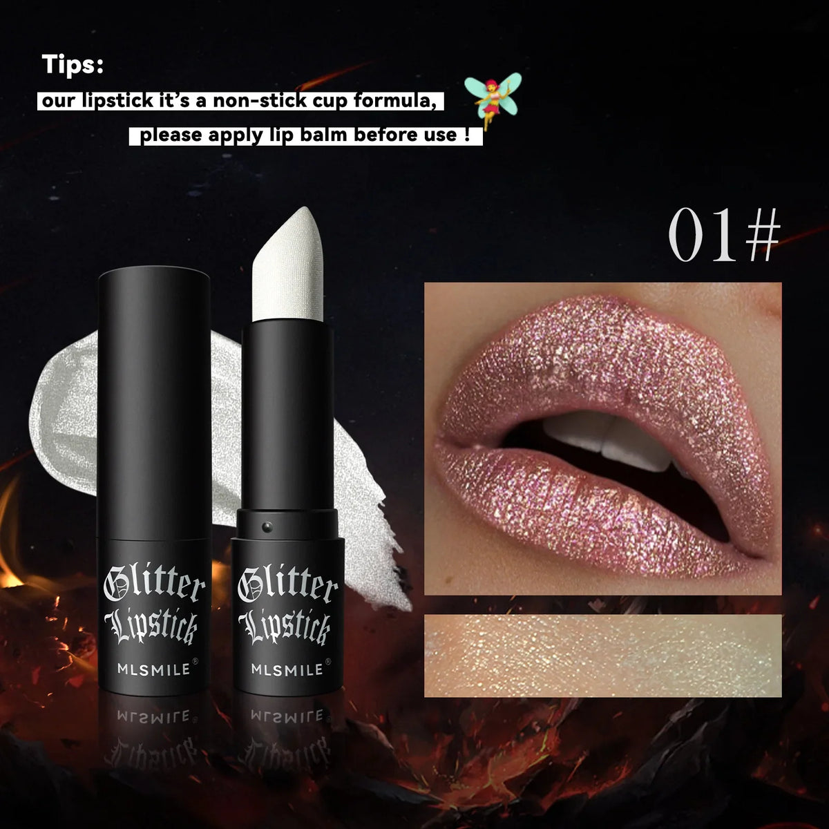 Blushimmer 7Colors glitter waterproof metallic lipstick and black lip gloss on women lips, with diamond pearlescent shimmer.