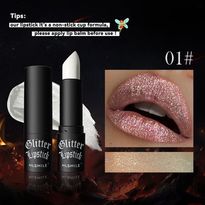 Blushimmer 7Colors glitter waterproof metallic lipstick and black lip gloss on women lips, with diamond pearlescent shimmer.