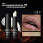 Blushimmer 7Colors glitter waterproof metallic lipstick and black lip gloss on women lips, with diamond pearlescent shimmer.