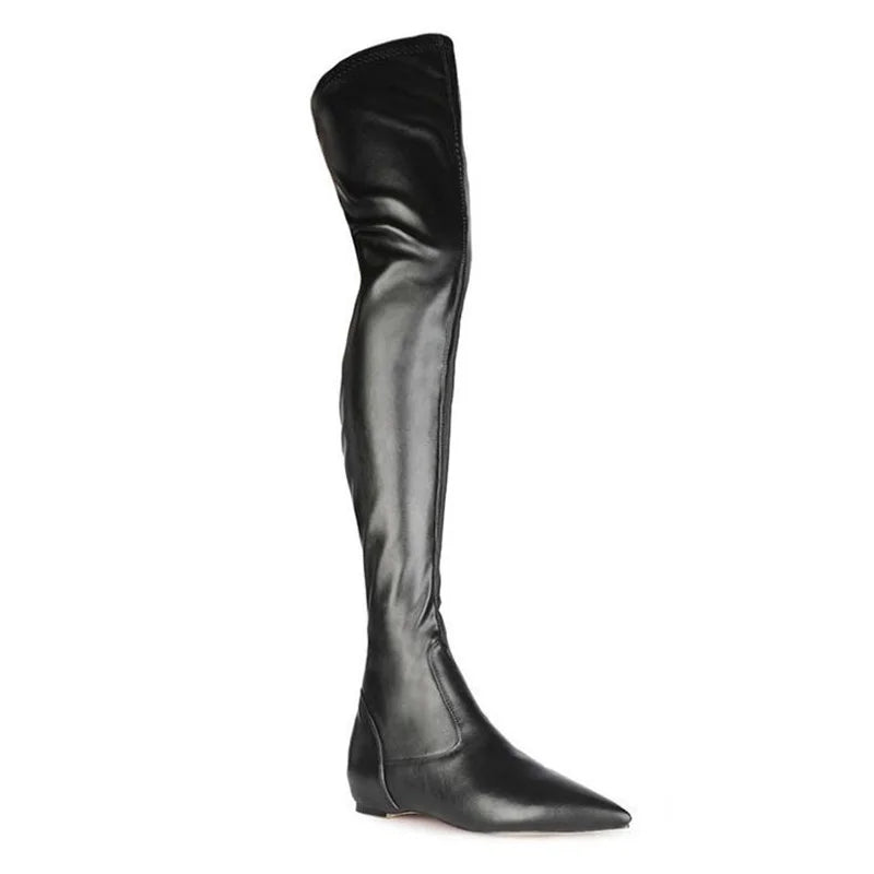 Soft Leather Height Increasing Black Long Boots Pointed Toe Stretch Slip On Winter Fashion Boots Size 44 Over The Knee Boots