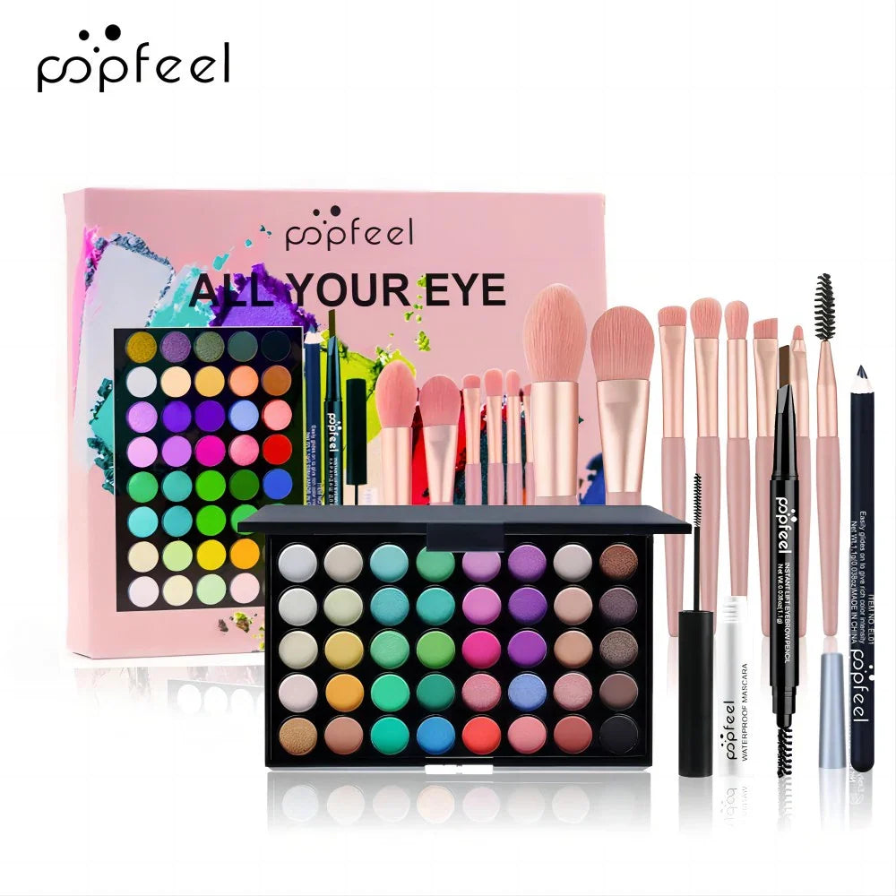 Blushimmer POPFEEL eye makeup set with 40-color eyeshadow palette, eyebrow pencil, eyeliner pen, mascara, and makeup brushes.