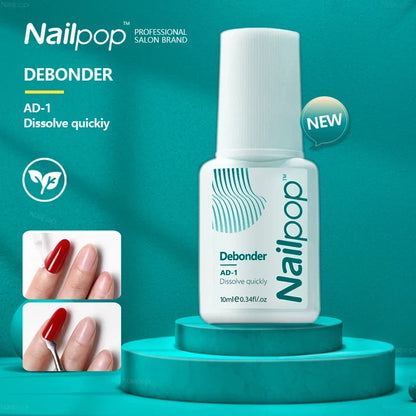 Blushimmer Nailpop 2pcs false nail remover debonder and glue dissolver liquid in 10ml bottles, ideal for nail art and rhinestone removal.