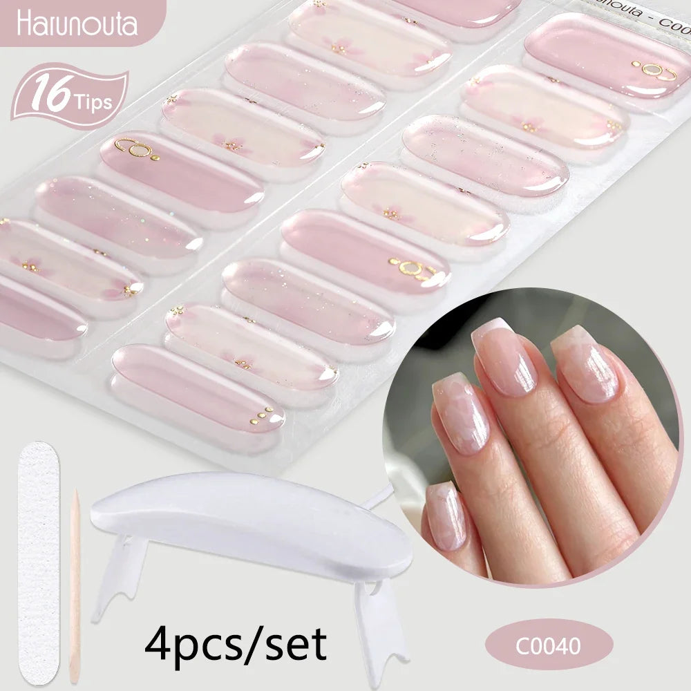 Blushimmer Harunouta 4-piece set of gradient nude pink jelly gel nail strips with waterproof finish and matching nail lamp.