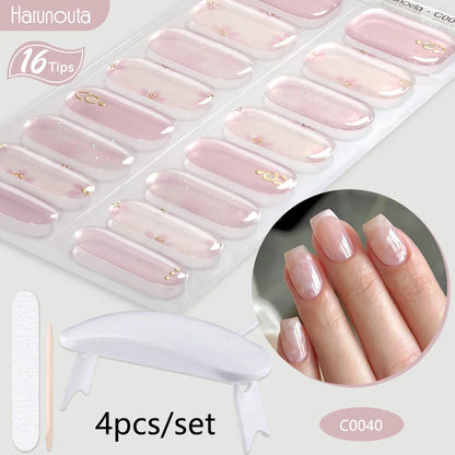 Blushimmer Harunouta 4-piece set of gradient nude pink jelly gel nail strips with waterproof finish and matching nail lamp.