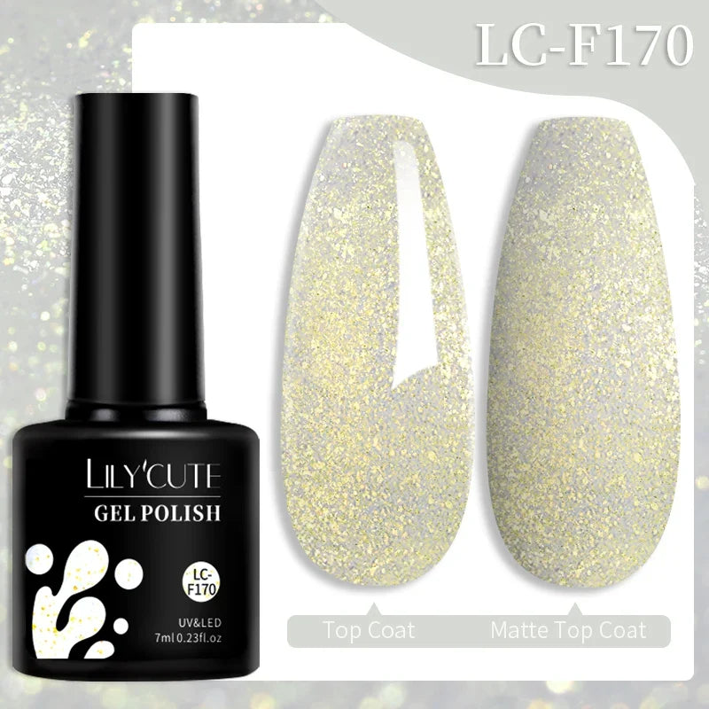 Colorful 7ml LilYCUTE gel nail polish bottles featuring vibrant shades for long-lasting manicures, base and top coat, UV gel varnish