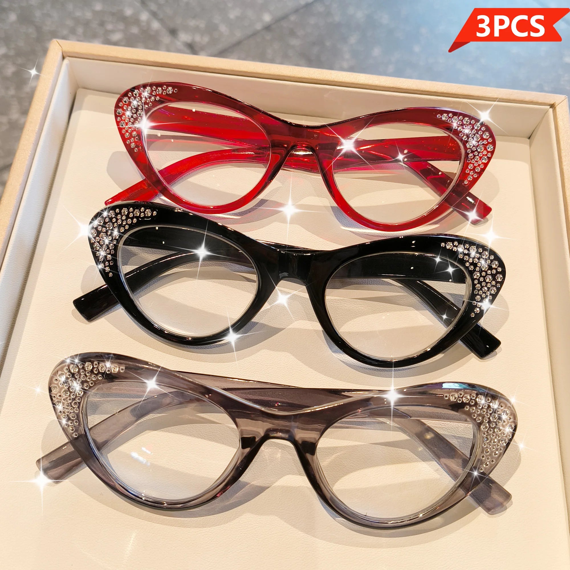 3pcs Elegant Rhinestone Cat Eye Reading Glasses for Women Men -Full Rim, Cat Eye, High Definition Lens, +1.0 To +4.0 Diopter
