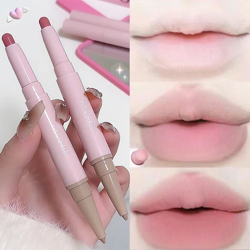 Blushimmer waterproof matte lipstick and lip liner pencil in nude pink and sexy red-brown shades, long-lasting lip makeup.