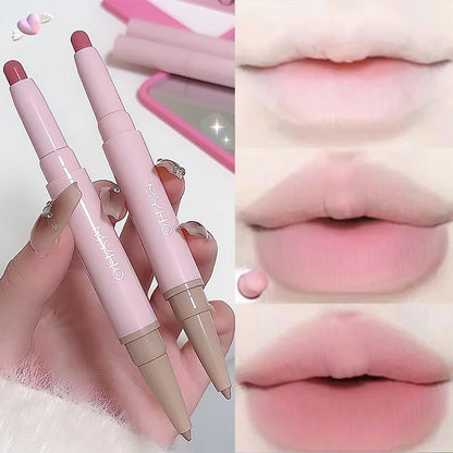 Blushimmer waterproof matte lipstick and lip liner pencil in nude pink and sexy red-brown shades, long-lasting lip makeup.