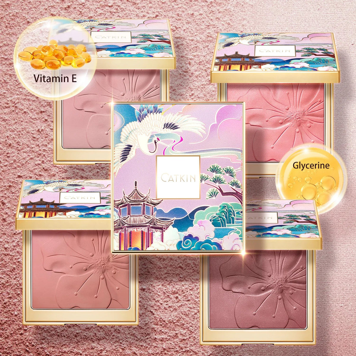 Blushimmer Catkin Eternal Love Rosy Cranes long-lasting natural blush with soft pink tones and floral-inspired packaging.