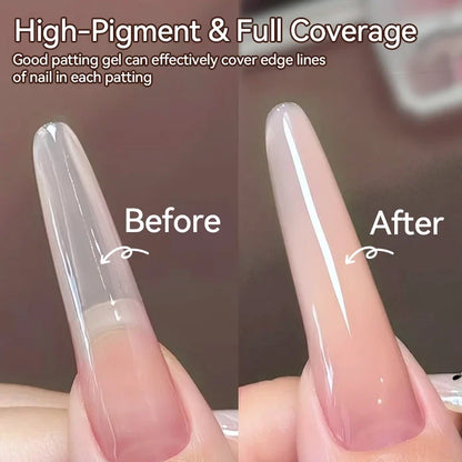 Blushimmer UR Sugar 4-in-1 nude pink gel nail art liner for gradient, edge cover, stamping, and pattern design, shown on nails.