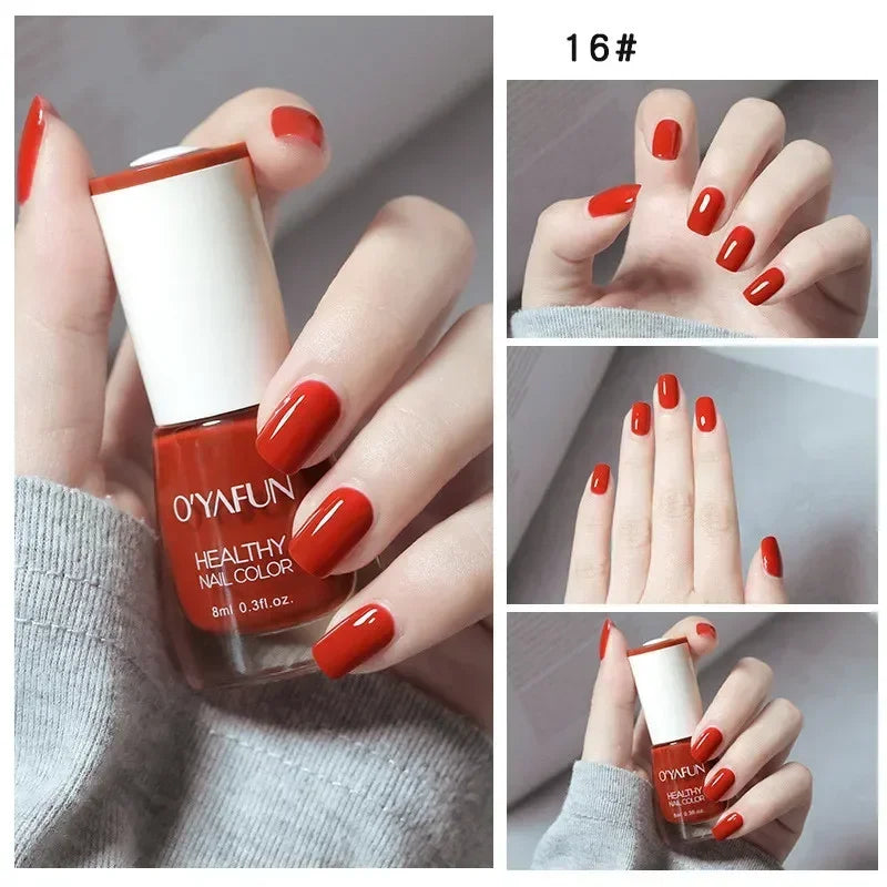 Blushimmer 8ml matte waterproof nail polish with glitter sequins, quick-dry, no-bake formula, shown in a clear bottle with colorful nail art.