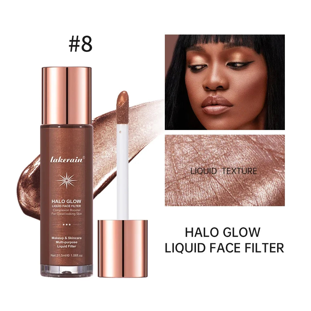 Blushimmer bronzer and facial gloss liquid highlighter for contouring, moisturizing, and long-lasting glow on the face.