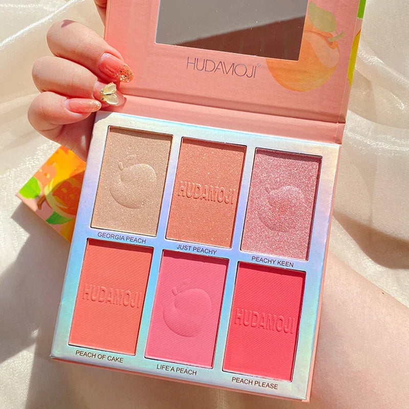 Blushimmer six-color blush and highlighter eyeshadow palette with pink shades, glitter, natural contour, and blusher for radiant makeup looks.