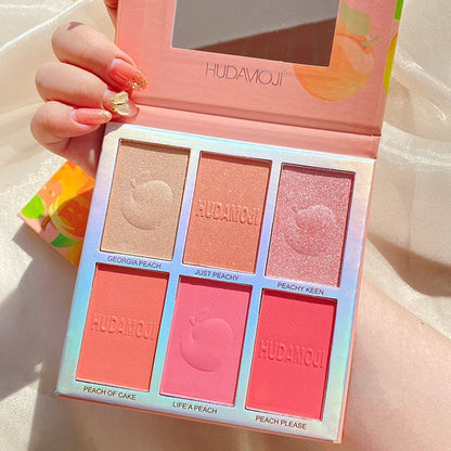 Blushimmer six-color blush and highlighter eyeshadow palette with pink shades, glitter, natural contour, and blusher for radiant makeup looks.