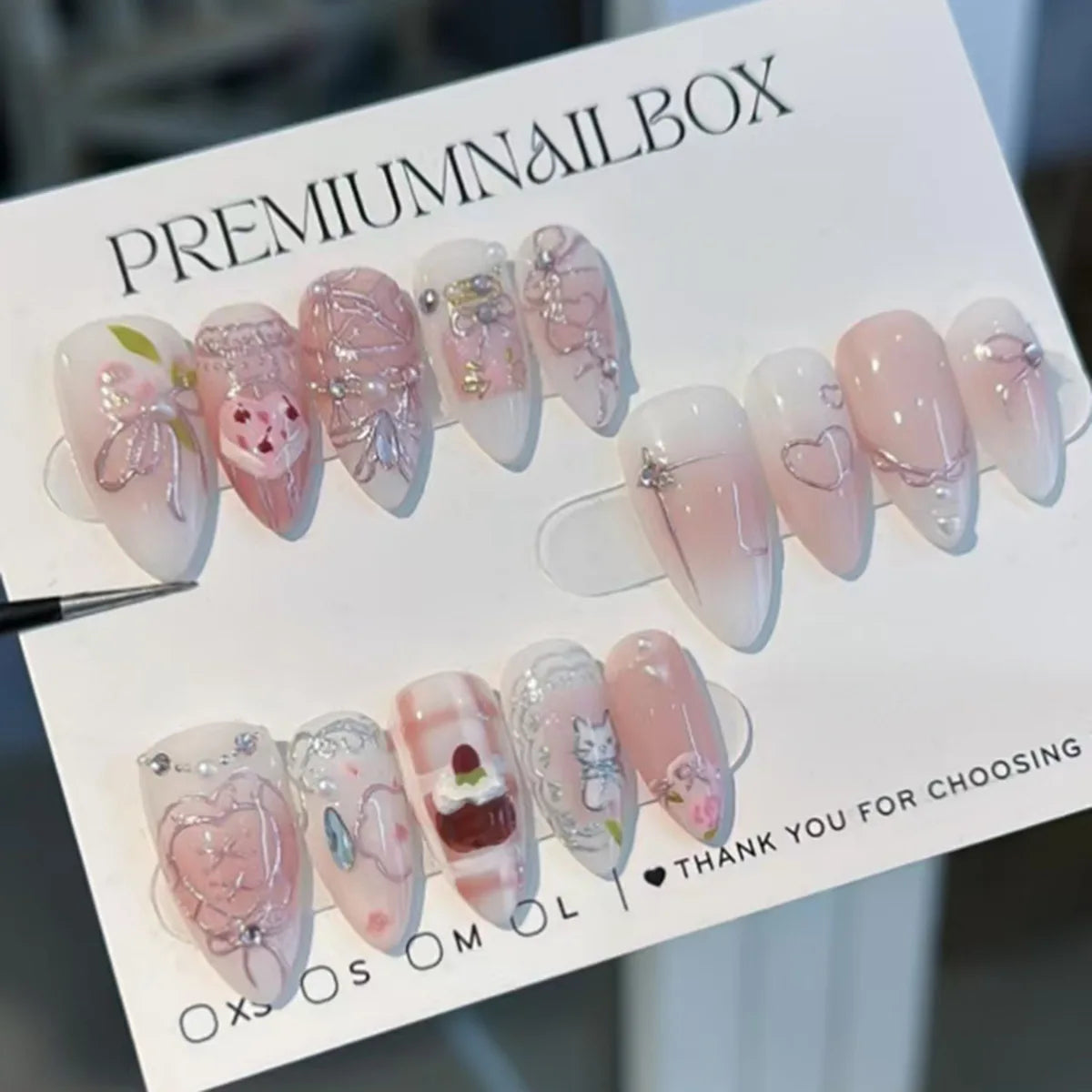 24-piece Blushimmer wine red almond press-on nails with cartoon rabbit, bowknot, plaid, pearl details, French style, detachable fake nails