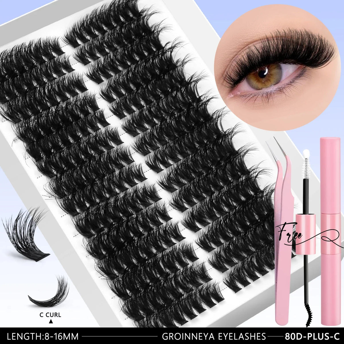 Blushimmer GROINNEYA DIY eyelash extension kit with mixed lash clusters, lash bond, seal, and tweezers, ready for at-home eyelash application.