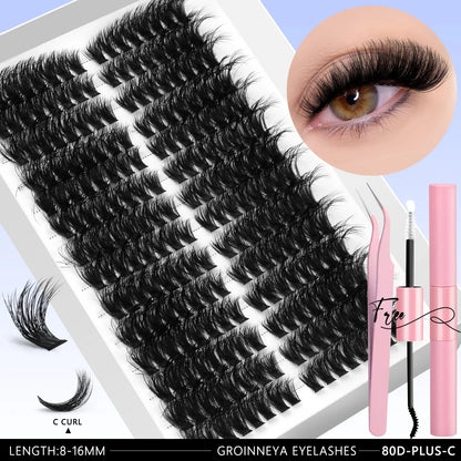 Blushimmer GROINNEYA DIY eyelash extension kit with mixed lash clusters, lash bond, seal, and tweezers, ready for at-home eyelash application.