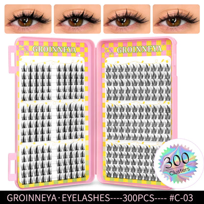 Blushimmer GROINNEYA eyelash clusters with 320 natural volume extension lashes on a mixed tray for professional lash application.