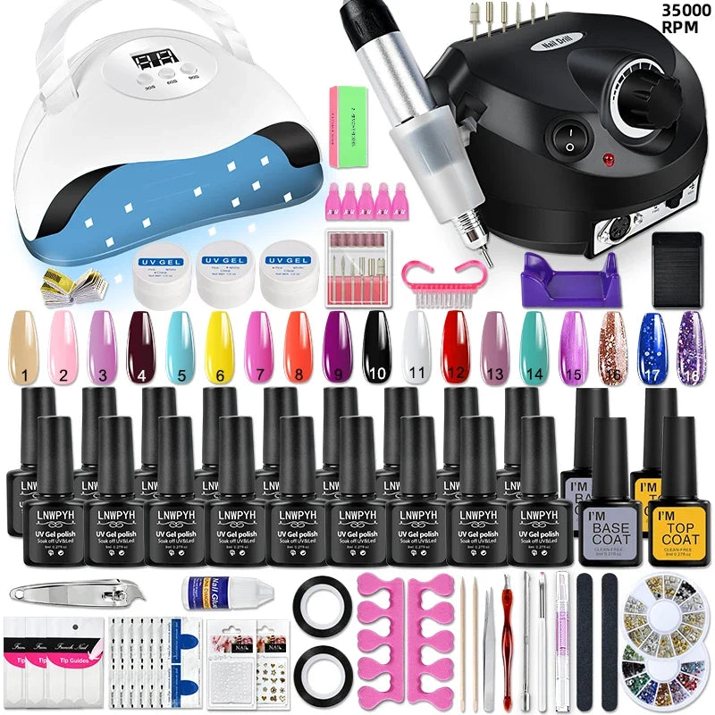 Blushimmer professional nail gel set with manicure tools, UV nail lamp, 18 color gel varnishes, and nail drill machine for manicures.
