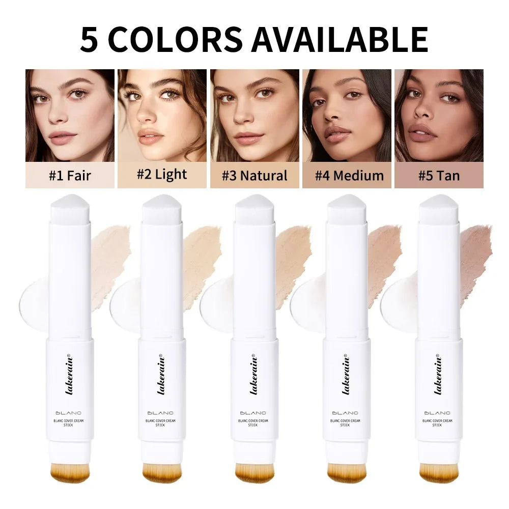 Blushimmer color changing foundation stick with dual-ended high coverage waterproof base makeup and brush application.